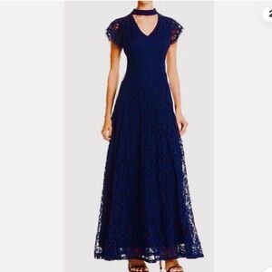Aqua Navy Blue Lace Chicker Neck Maxi Dress